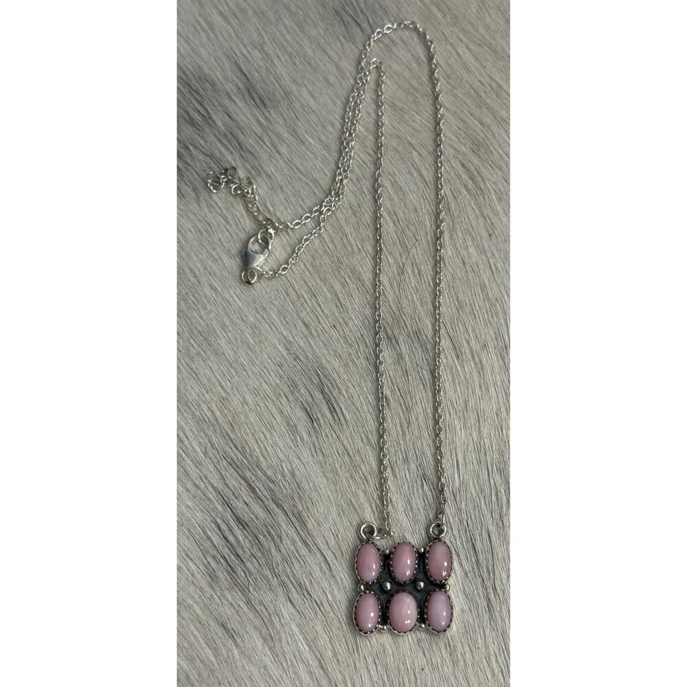 Sterling Silver 925 Pink Conch Oval Multi-Stone Six Stone Bar Necklace 16”-18” - Picture 2 of 8